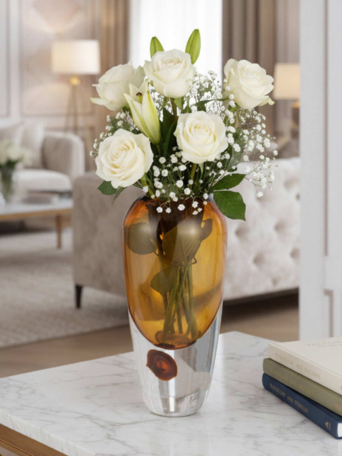 Aarvi Decor Amber Cased Luxe Yellow Transparent Glass Vase