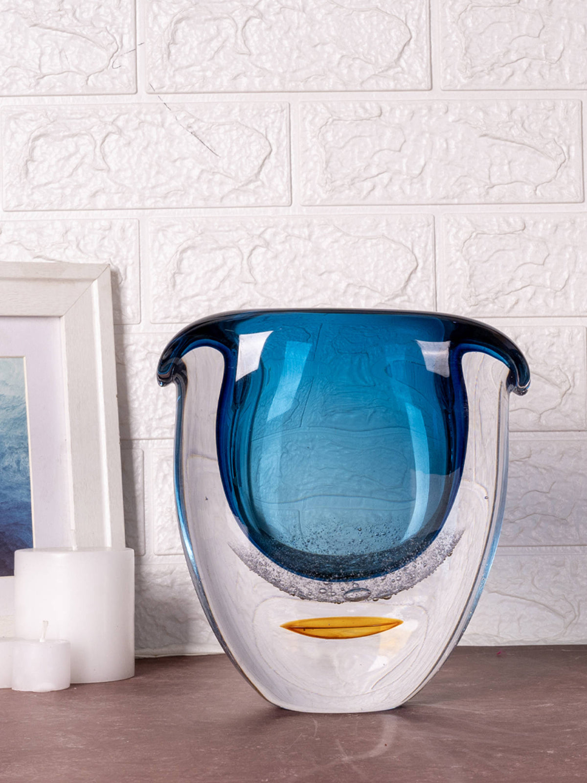 Aarvi Decor Blown Luxe Blue Transparent Glass Vase