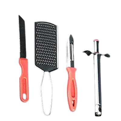 sakoraware Stainless Steel Essential Kitchen Tools Accessories Set I 4 Pcs Daily Use Home Utility for Cooking| Combo-Vegetable Cutter with Peeler, Cheese/Ginger