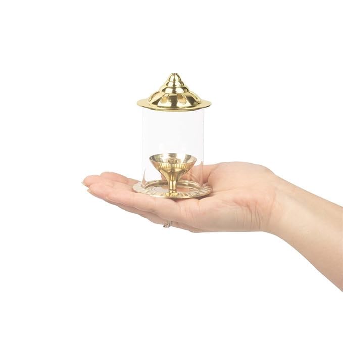 Klassic Navjyoti 4 Inch Akhand Diya Set with Borosilicate Glass Shade | Brass Oil Lamp for Mandir & Pooja | Decorative Diya with Glass Cover,Wick Holder for Poo