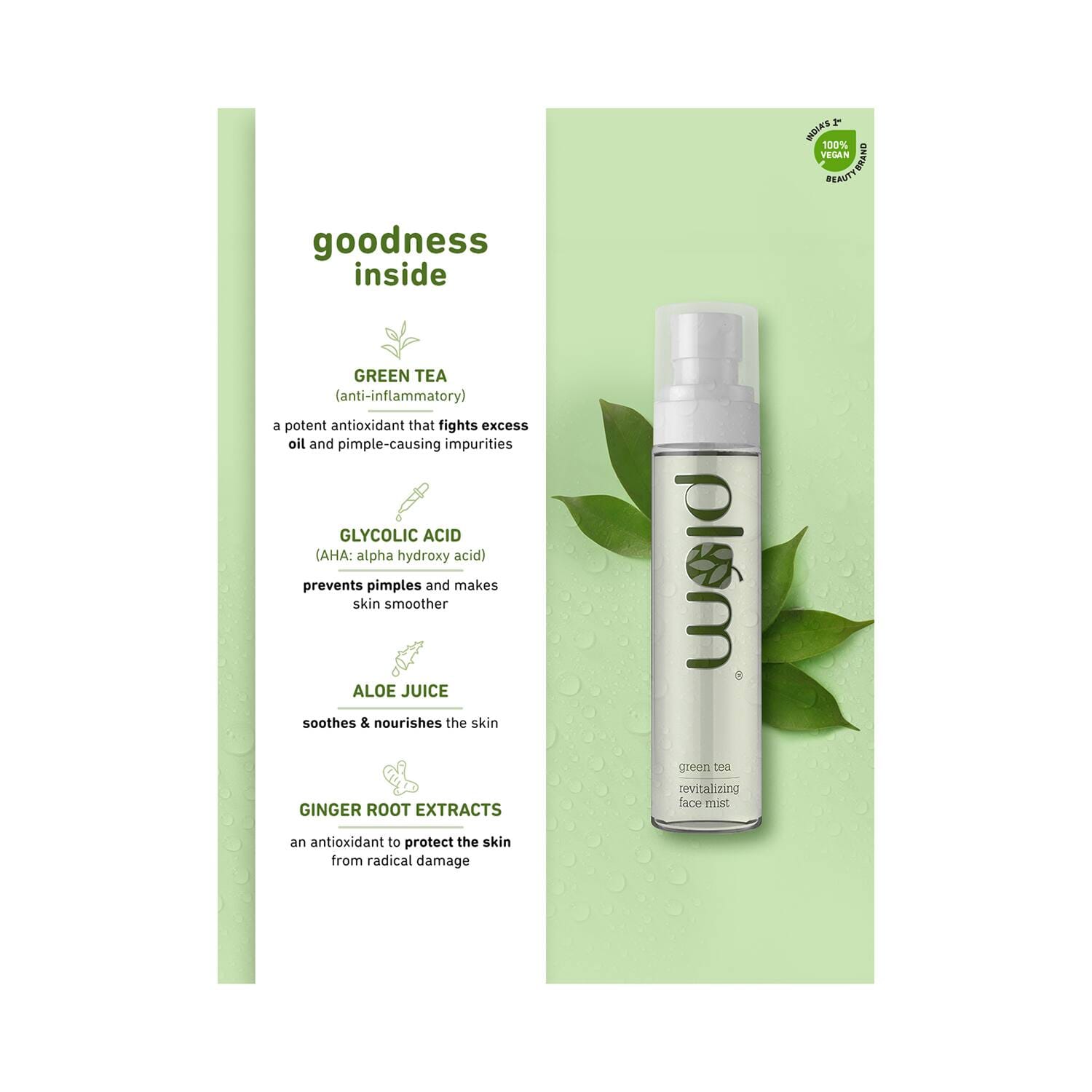 Plum - Green Tea Revitalizing Face Mist, Glycolic Acid & Aloe Vera - Hydrates & Refreshes (100ml)