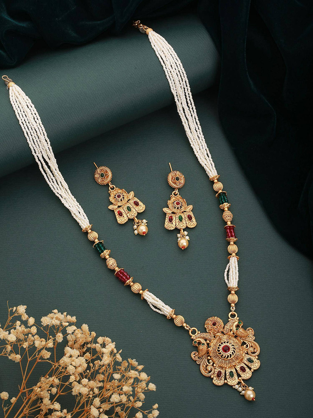 Aatmana 24K Gold-Plated Red And Greed Stone Handcrafted Traditional Necklace Set