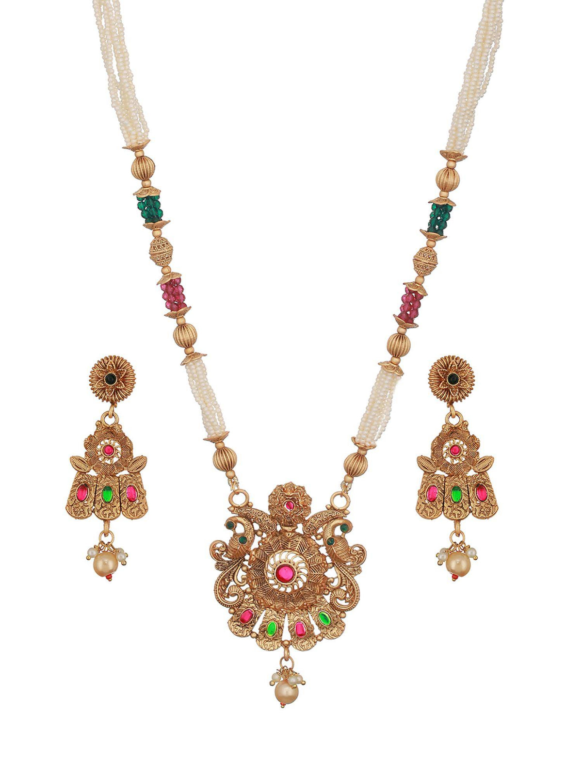 Aatmana 24K Gold-Plated Red And Greed Stone Handcrafted Traditional Necklace Set