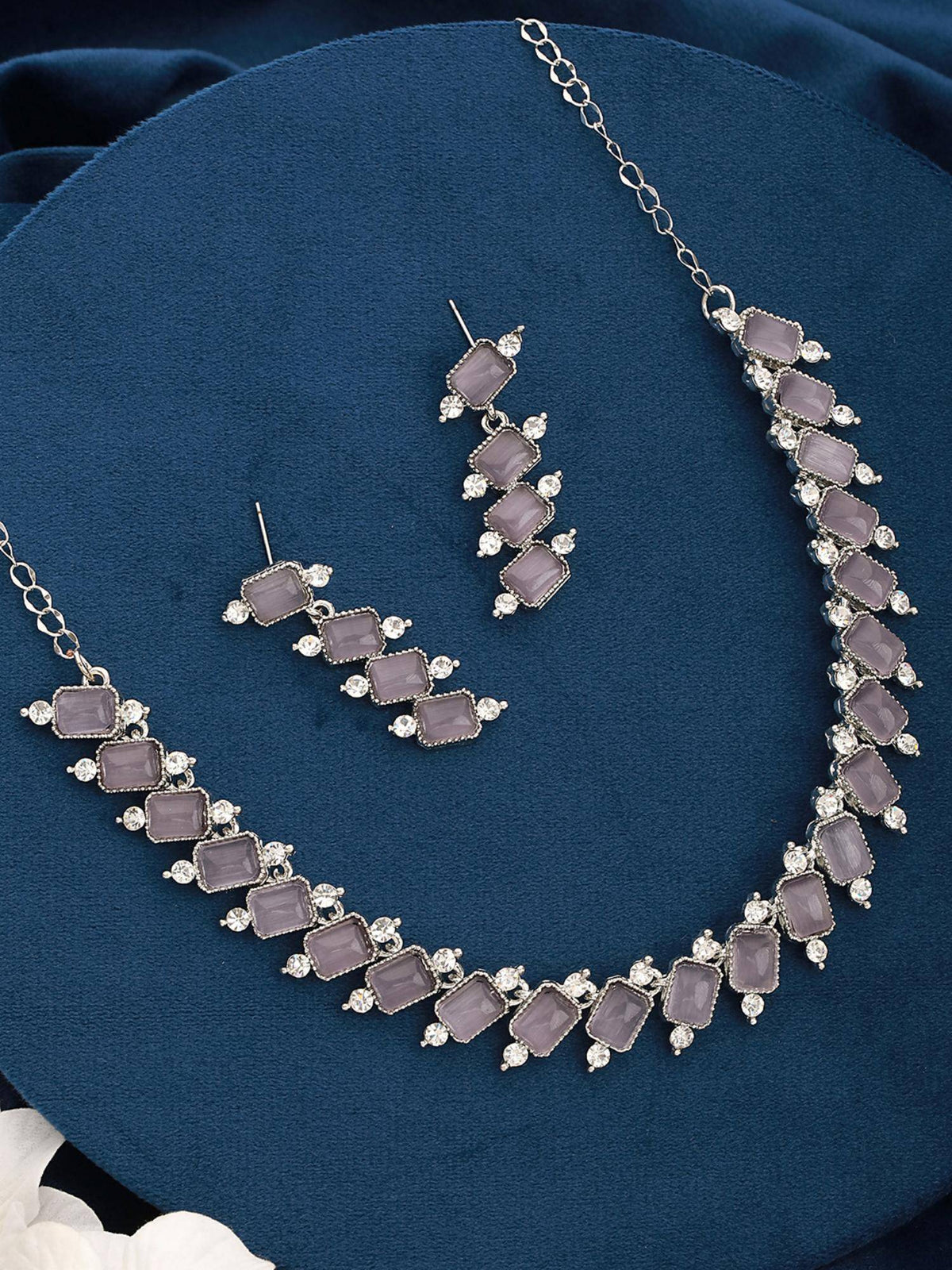 Aatmana Silver-Plated Grey Stone And White Ad-Studded Necklace And Earrings