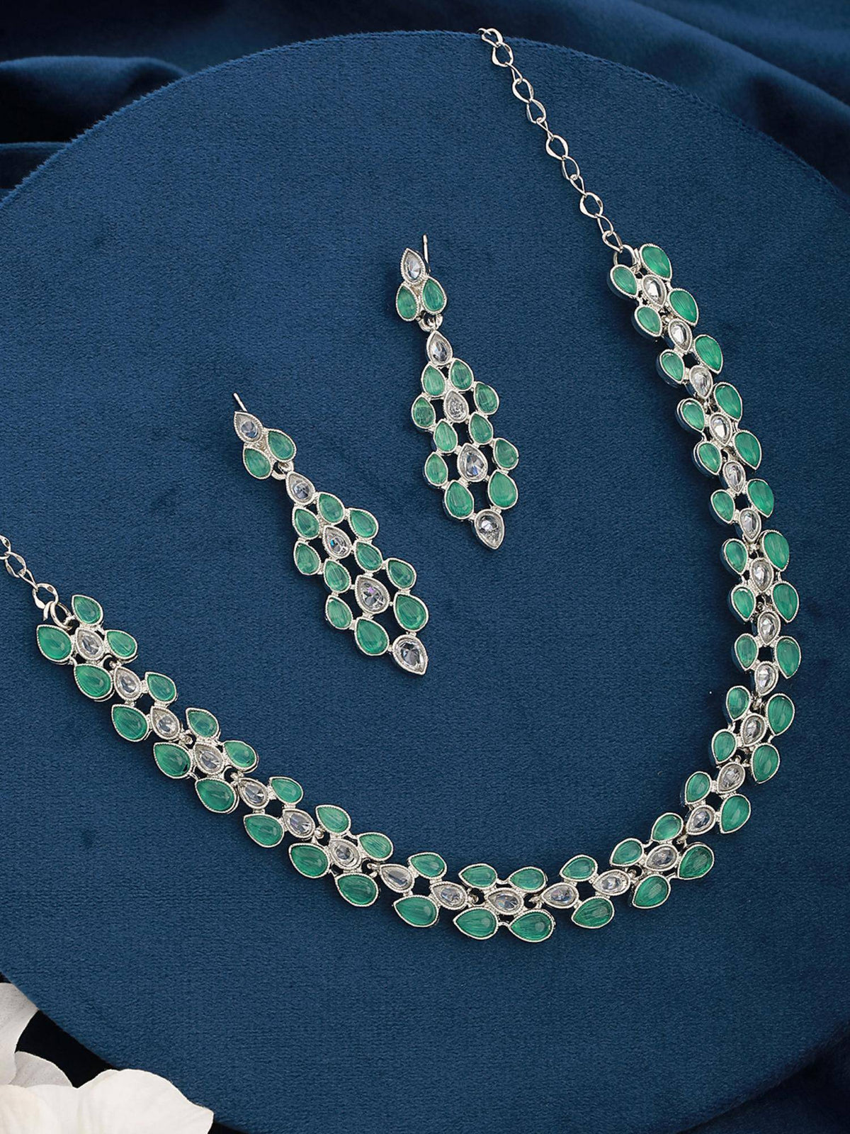 Aatmana Silver-Plated Green And White Ad-Studded Necklace And Earrings
