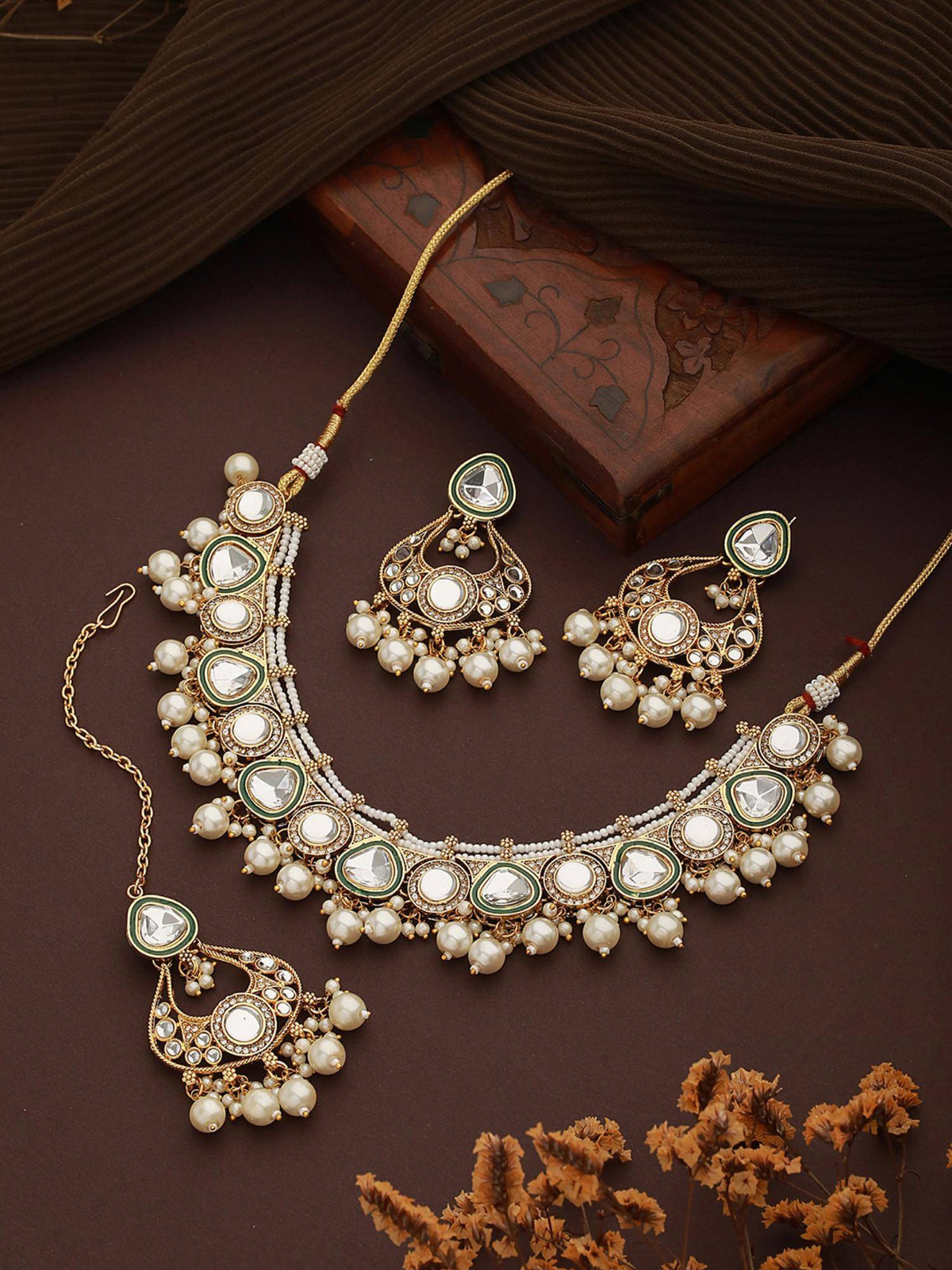 Aatmana Gold-Plated White Kundan-Studded And Pearl Beaded Choker Jewellery Set