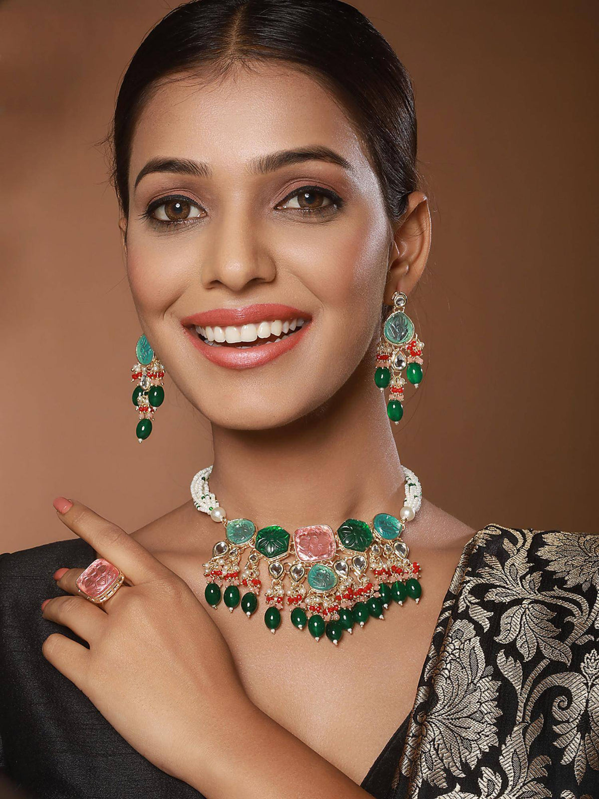 Aatmana Gold-Plated Stone Studded Jewellery Set With Ring