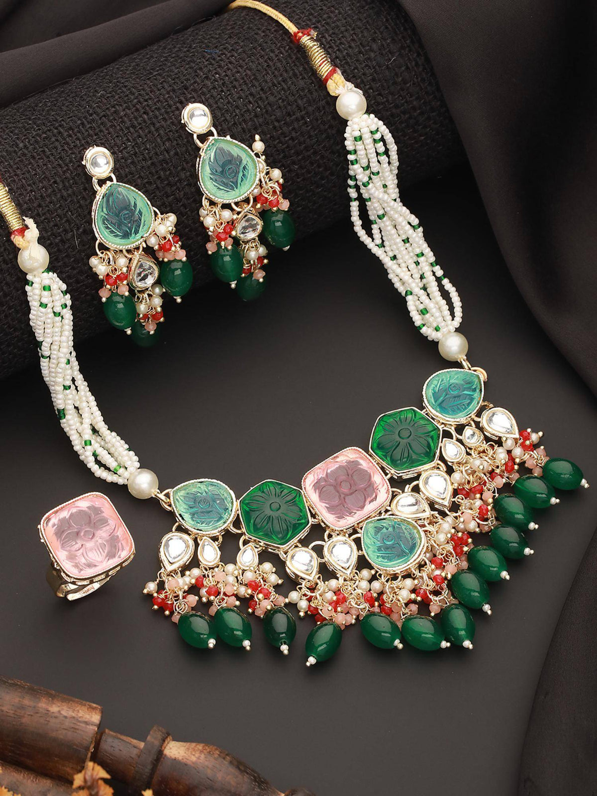 Aatmana Gold-Plated Stone Studded Jewellery Set With Ring