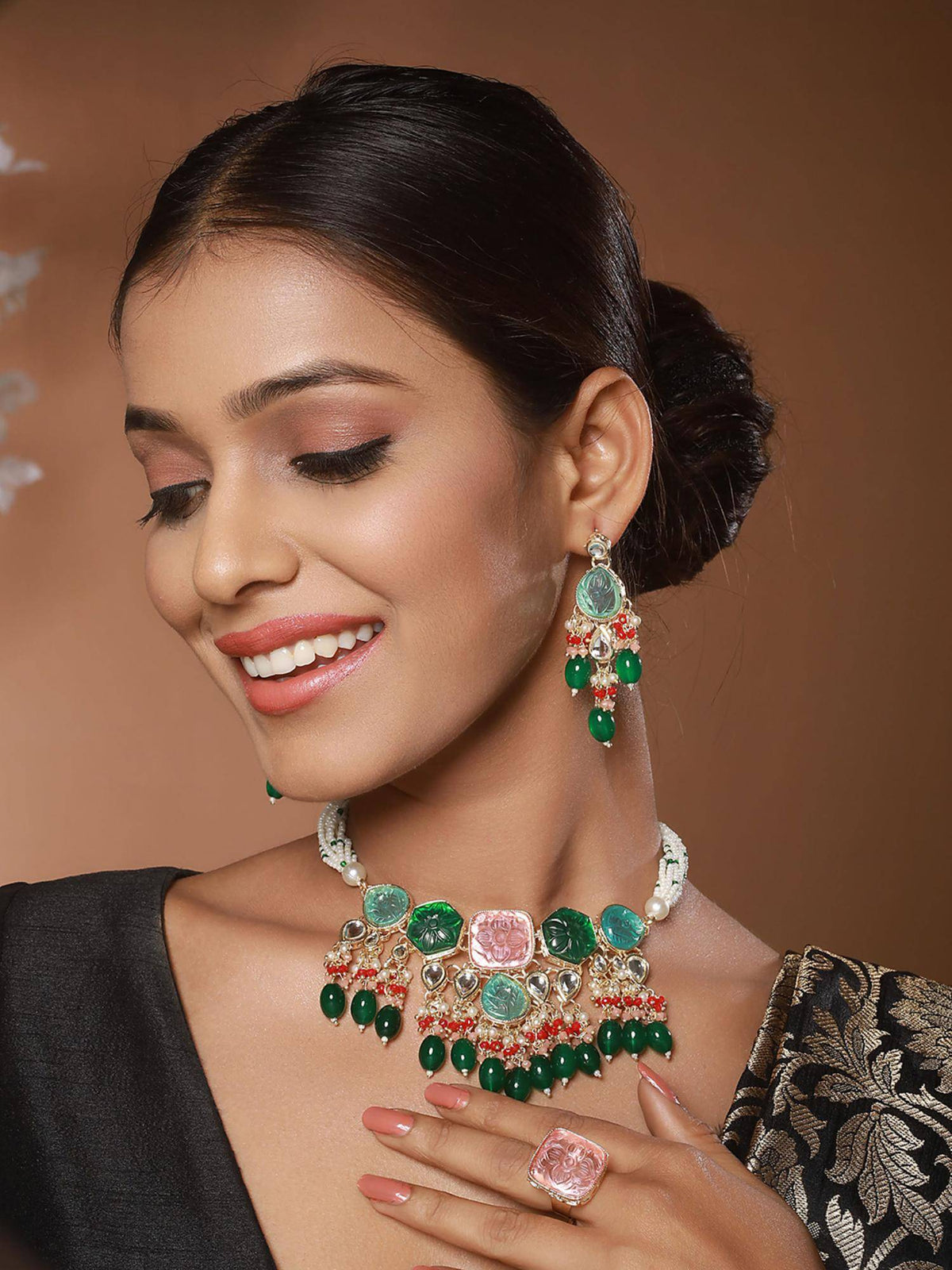 Aatmana Gold-Plated Stone Studded Jewellery Set With Ring