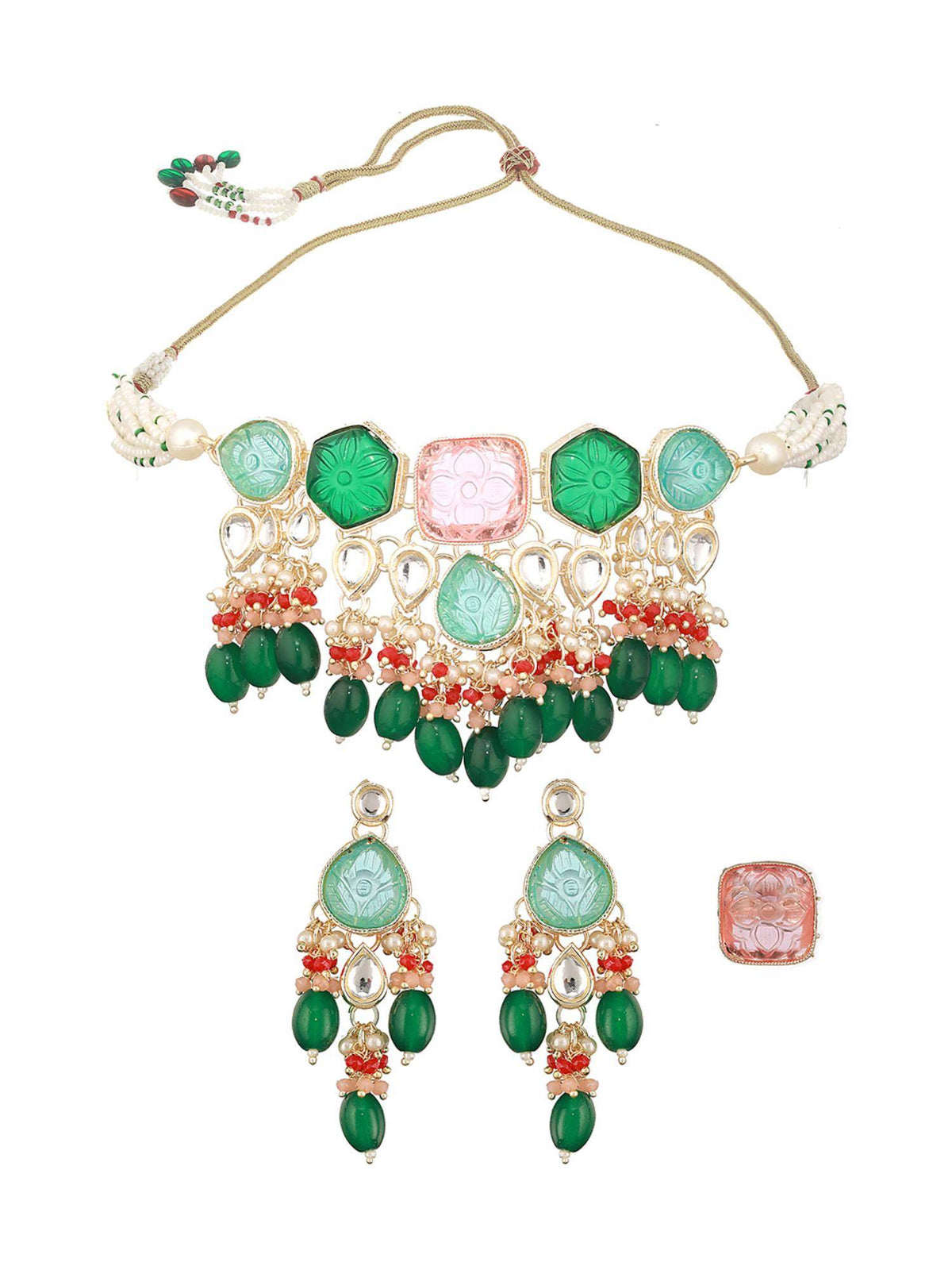 Aatmana Gold-Plated Stone Studded Jewellery Set With Ring