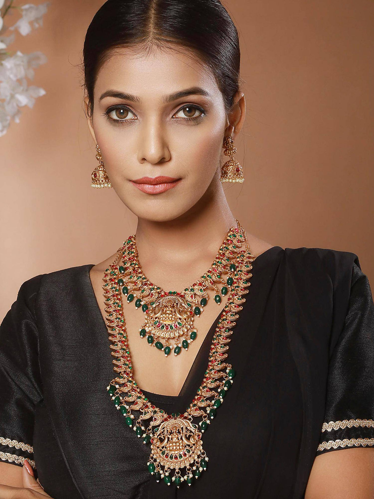 Aatmana Green Kemp Beaded Gold-Plated Peacock Shaped Temple Pack of 2 Choker With Earrings · One Size