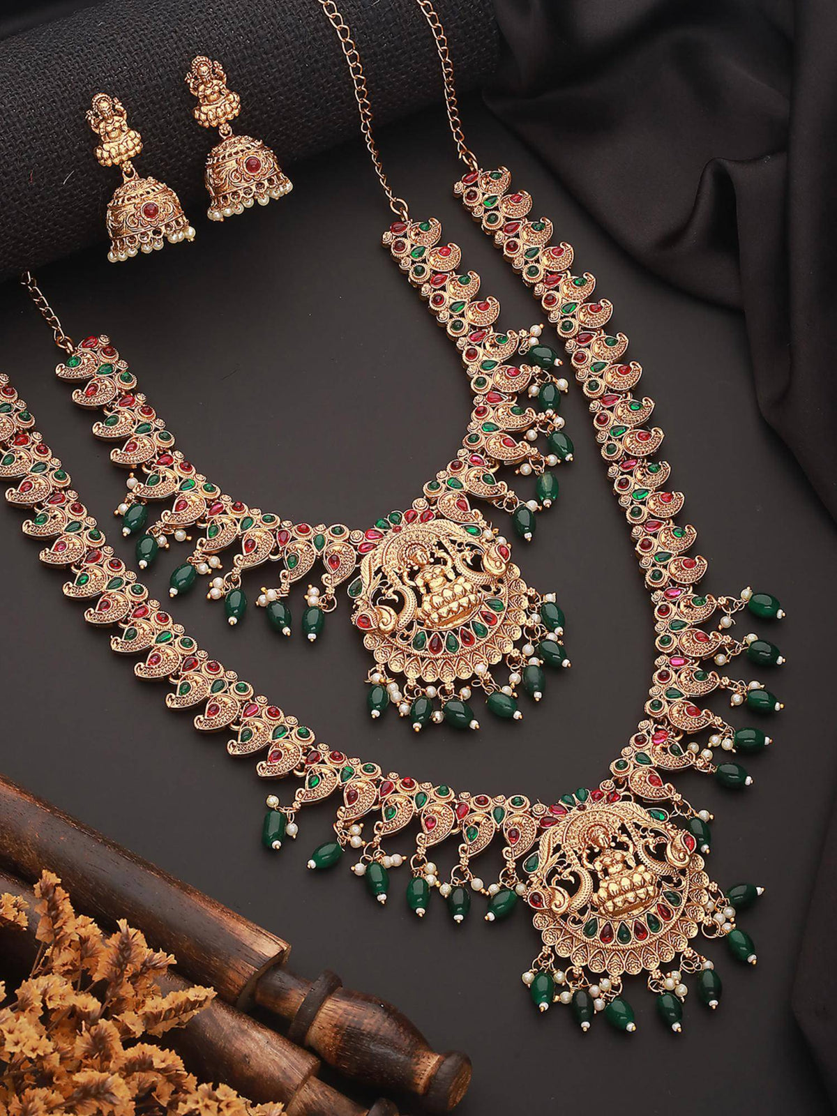 Aatmana Green Kemp Beaded Gold-Plated Peacock Shaped Temple Pack of 2 Choker With Earrings