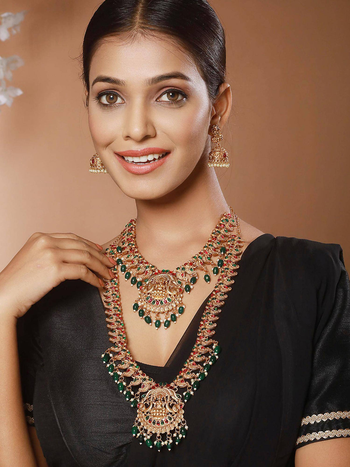 Aatmana Green Kemp Beaded Gold-Plated Peacock Shaped Temple Pack of 2 Choker With Earrings