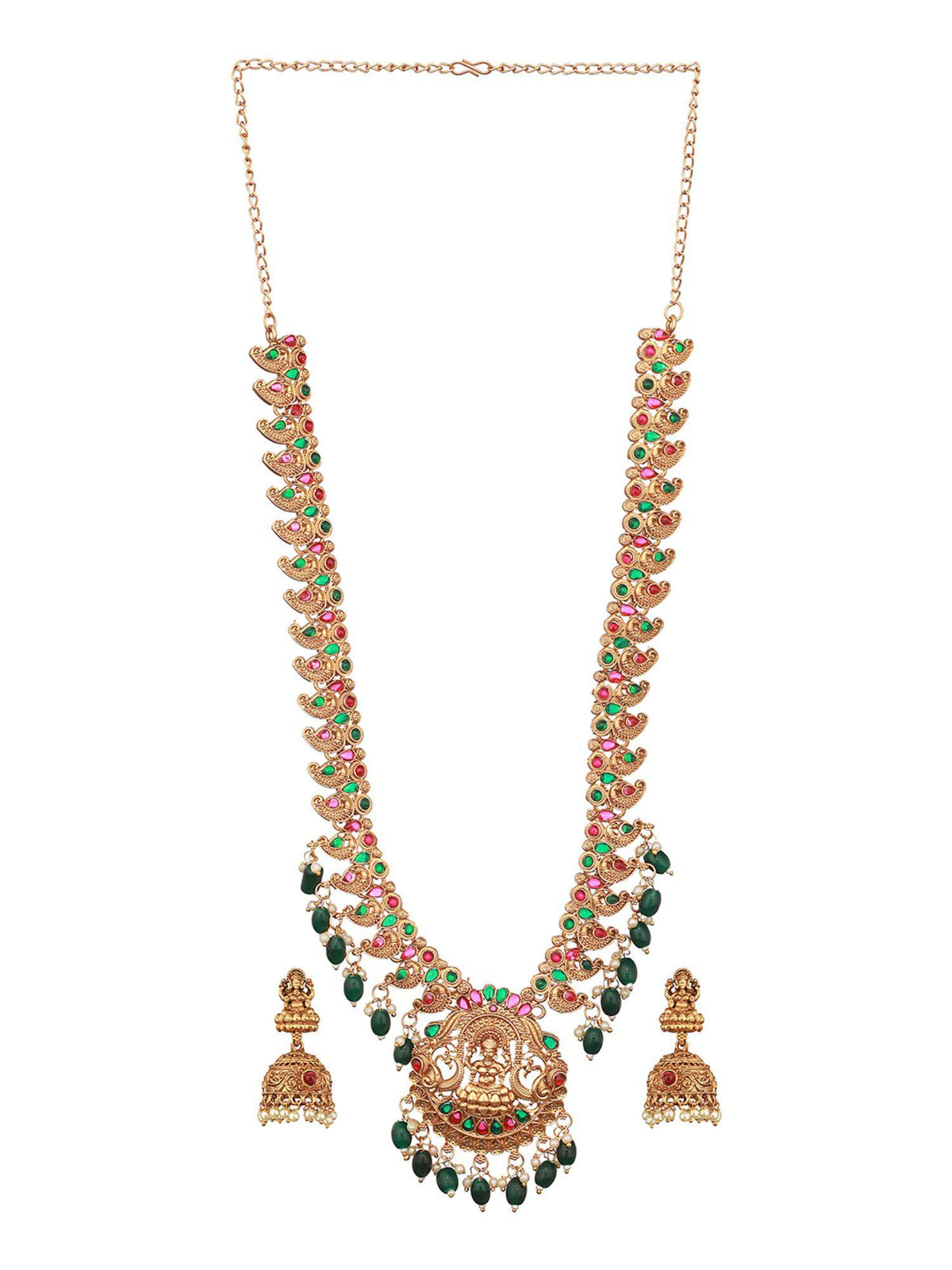 Aatmana Green Kemp Beaded Gold-Plated Peacock Shaped Temple Pack of 2 Choker With Earrings