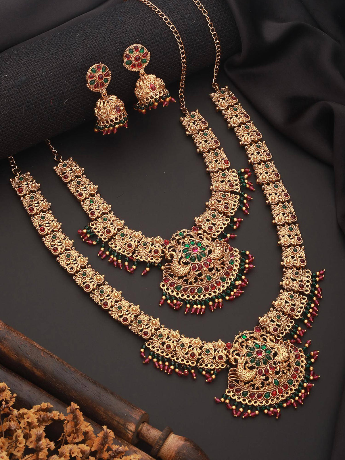Aatmana Green And Red Beaded Gold-Plated Peacock Shaped Temple Pack of 2 Choker With Earrings