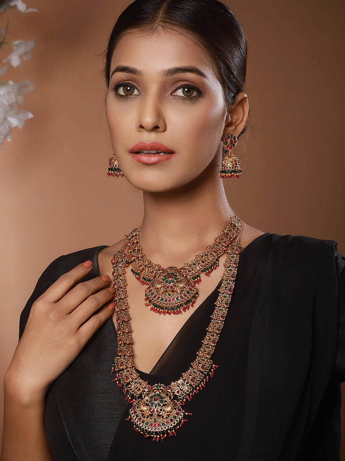Aatmana Green And Red Beaded Gold-Plated Peacock Shaped Temple Pack of 2 Choker With Earrings