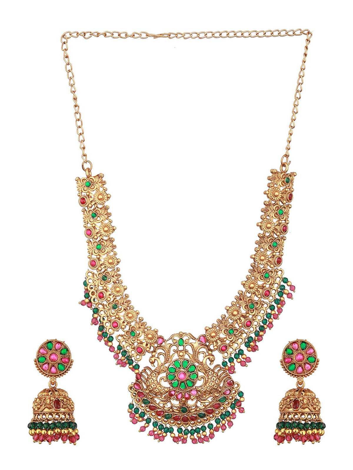 Aatmana Green And Red Beaded Gold-Plated Peacock Shaped Temple Pack of 2 Choker With Earrings