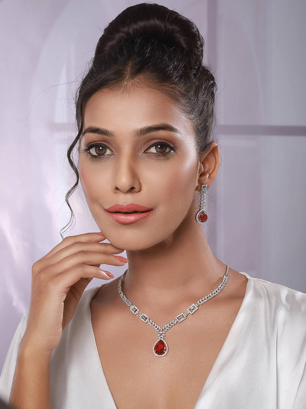 Aatmana Silver-Plated Red Ad-Studded Jewellery Set