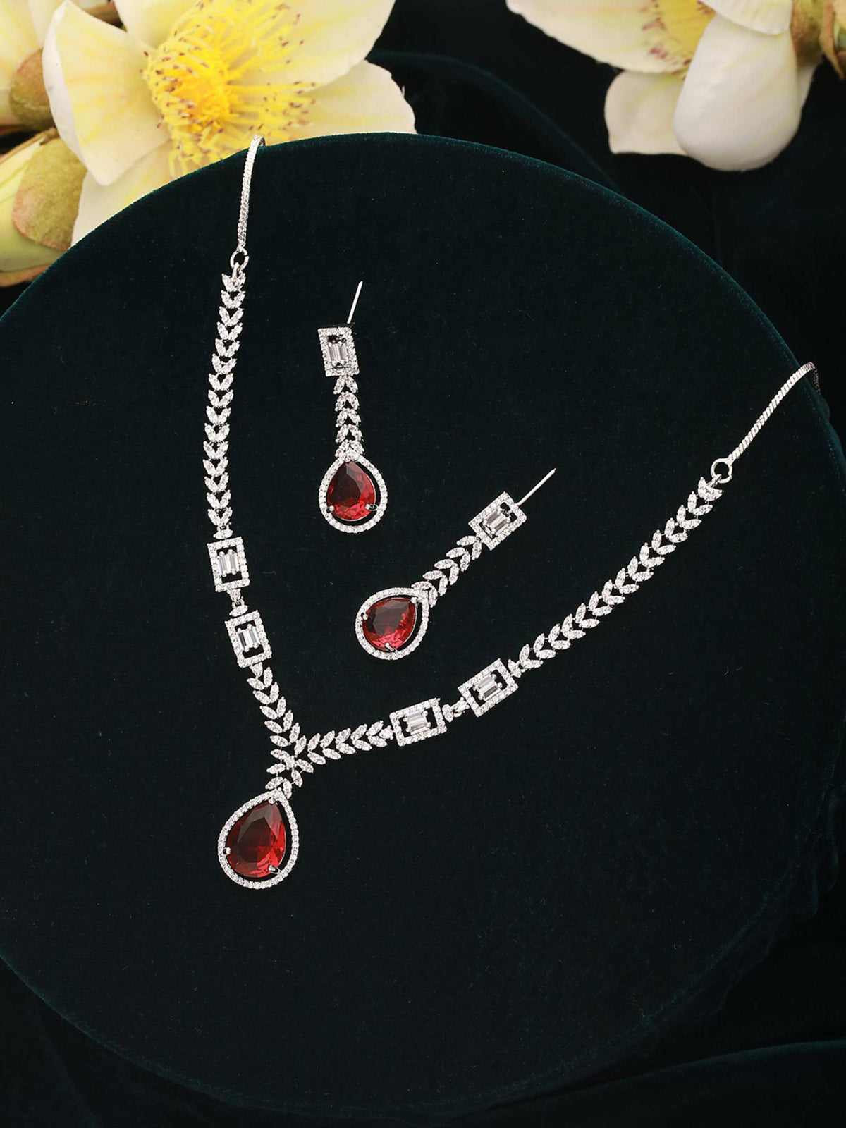 Aatmana Silver-Plated Red Ad-Studded Jewellery Set