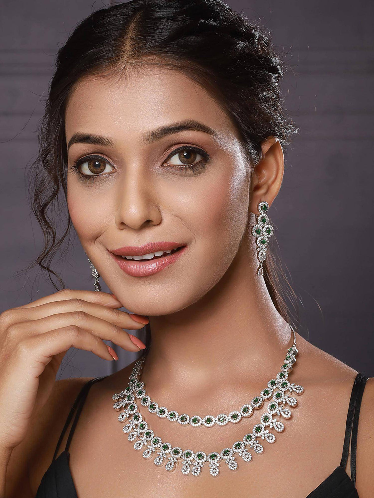 Aatmana Green And Silver-Plated Ad Studded Handcrafted Jewellery Set · One Size