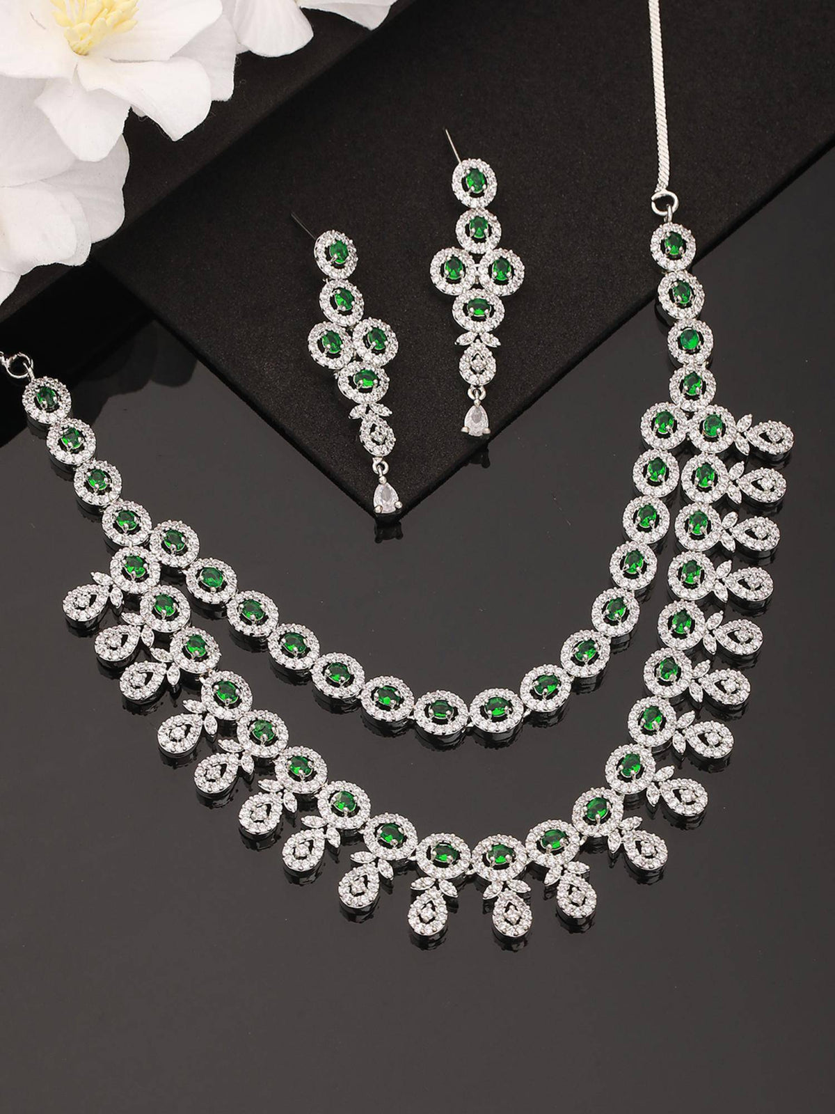 Aatmana Green And Silver-Plated Ad Studded Handcrafted Jewellery Set · One Size
