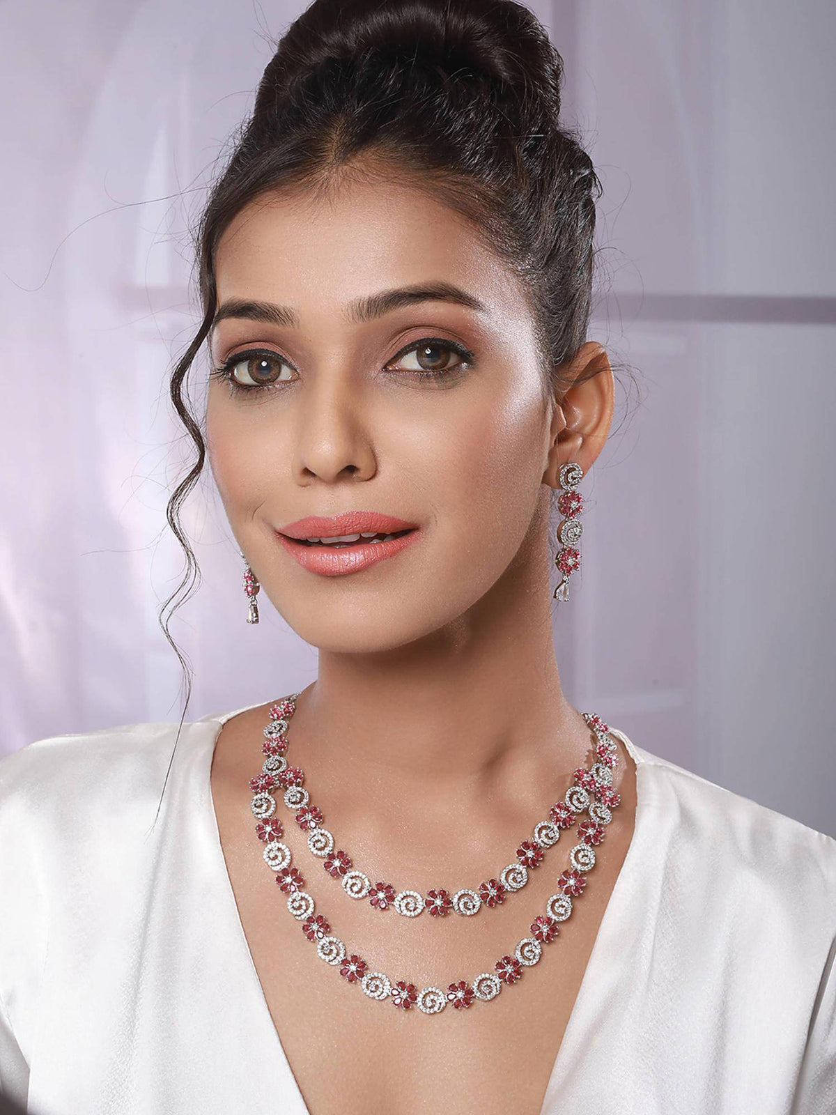 Aatmana Rhodium-Plated American Diamond Studded And Stone Beaded Layered Jewellery Set