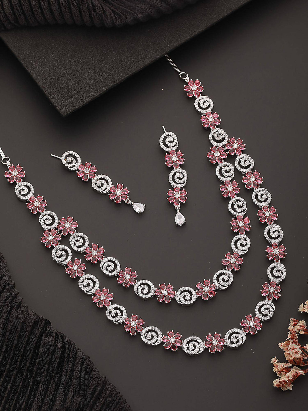 Aatmana Rhodium-Plated American Diamond Studded And Stone Beaded Layered Jewellery Set · One Size