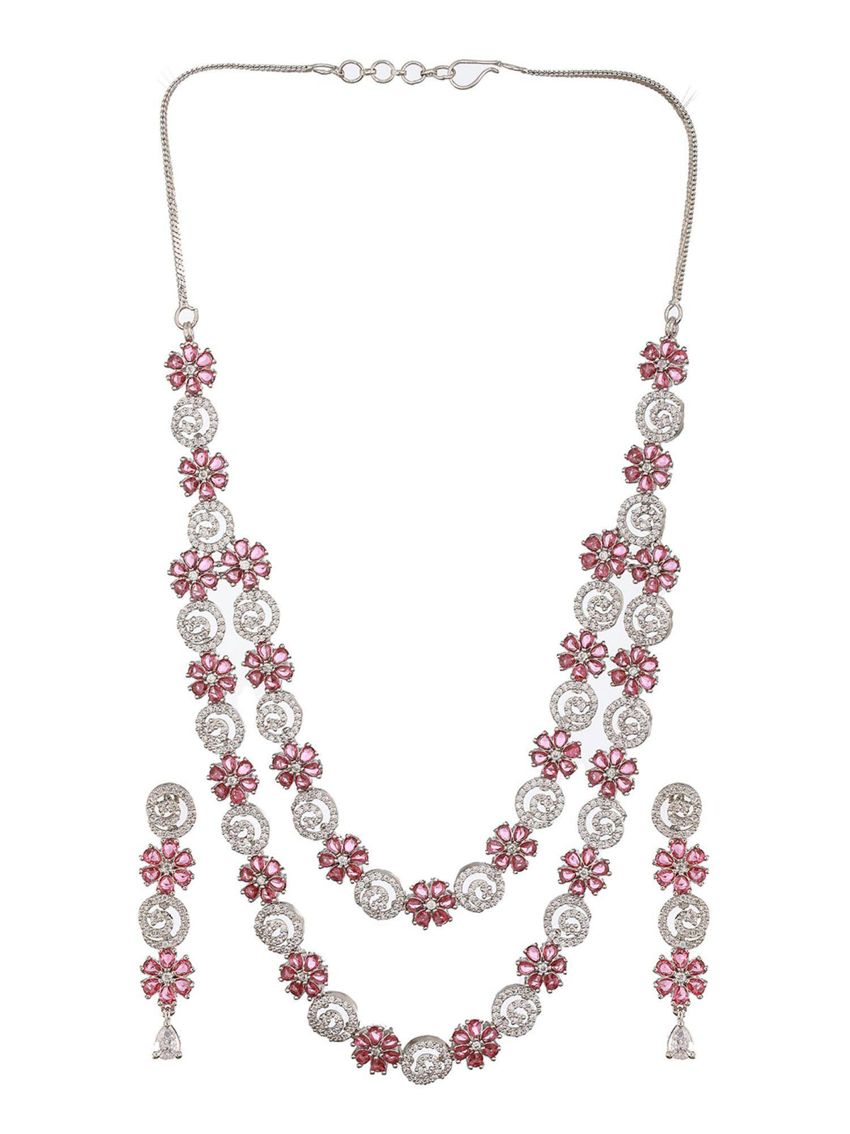 Aatmana Rhodium-Plated American Diamond Studded And Stone Beaded Layered Jewellery Set