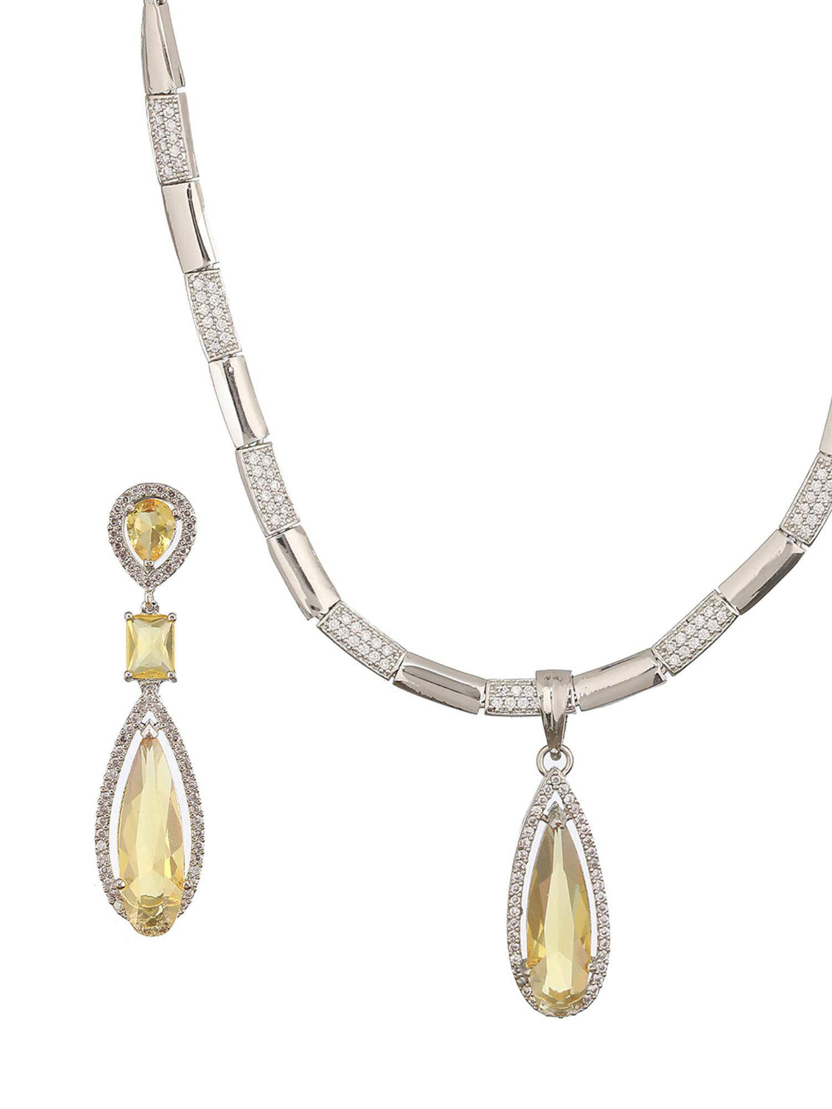Aatmana Silver Rhodium White Zircon And Yellow Americon Diamond Necklace Jewellery Set