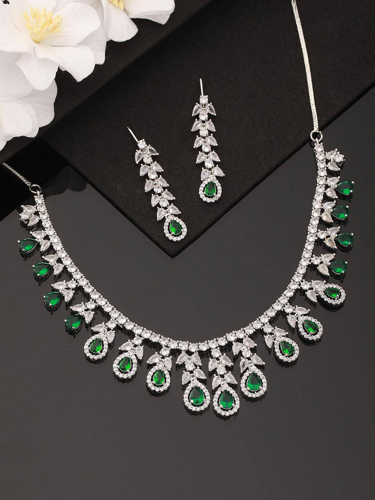 Aatmana Rhodium-Plated Green American Diamond Studded Handcrafted Jewellery Set