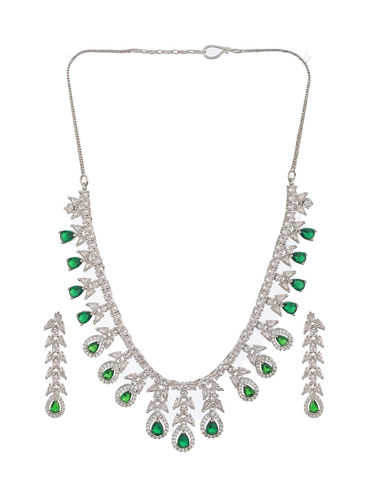 Aatmana Rhodium-Plated Green American Diamond Studded Handcrafted Jewellery Set