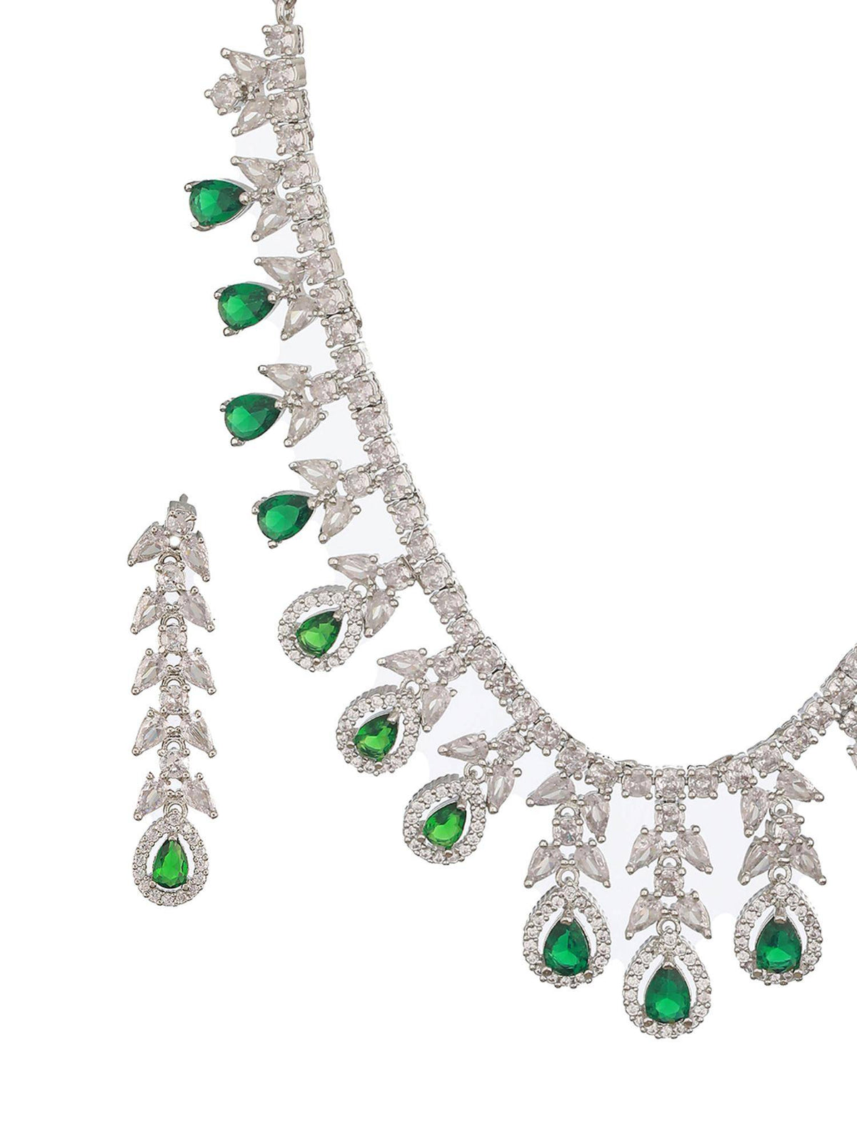 Aatmana Rhodium-Plated Green American Diamond Studded Handcrafted Jewellery Set