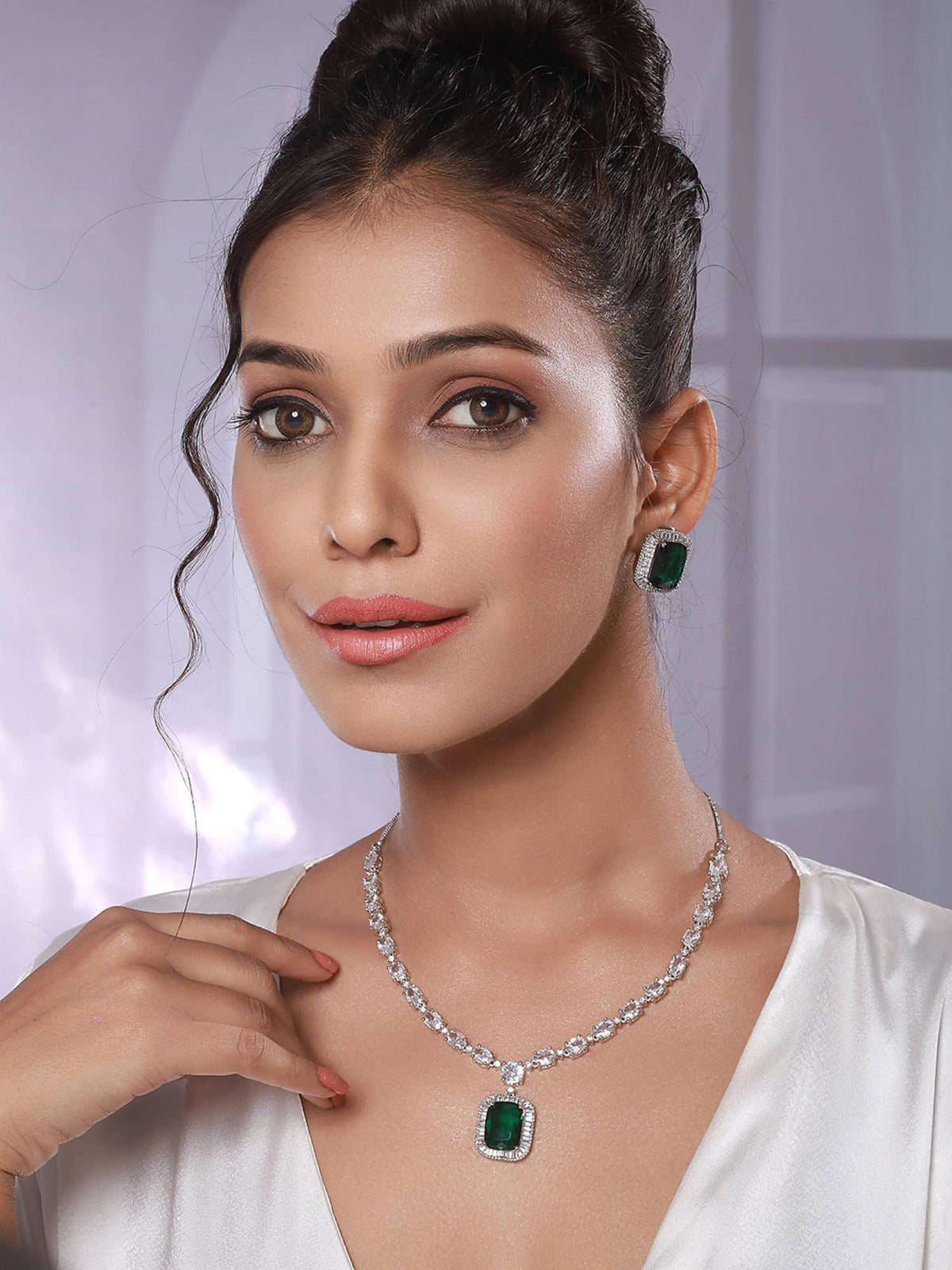 Aatmana Silver-Plated Green Ad-Studded Necklace And Earrings