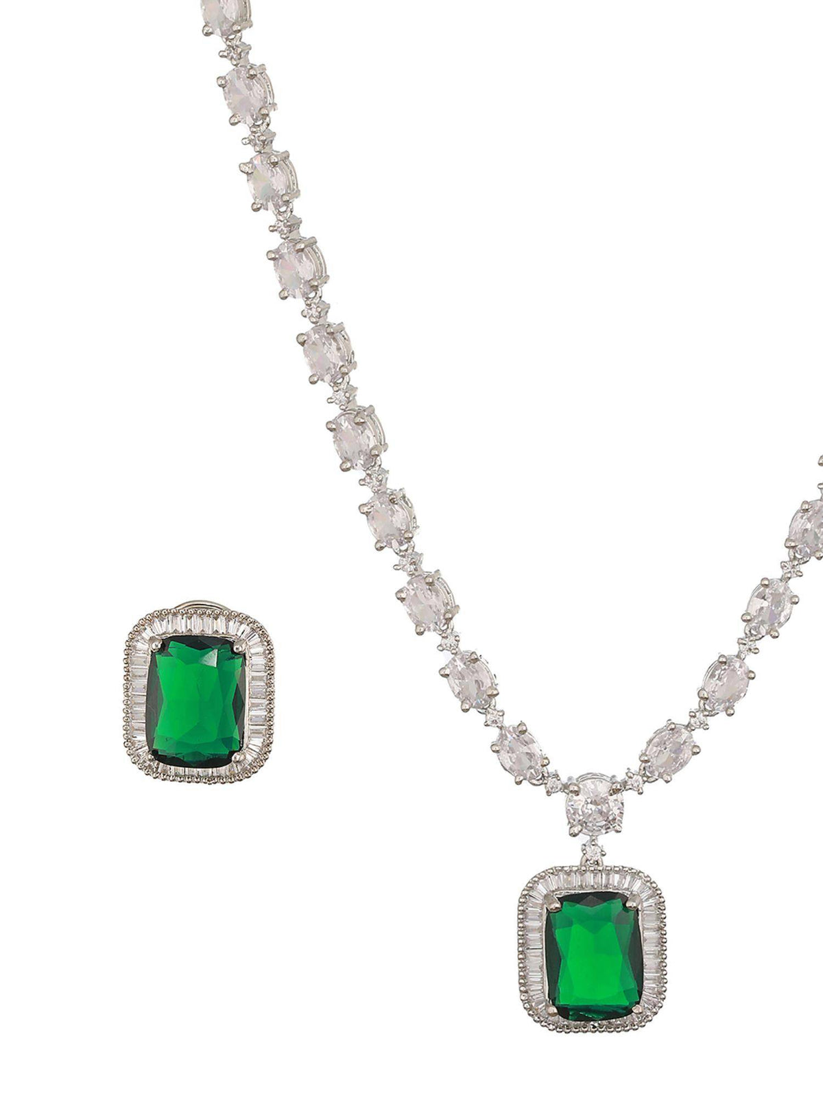 Aatmana Silver-Plated Green Ad-Studded Necklace And Earrings