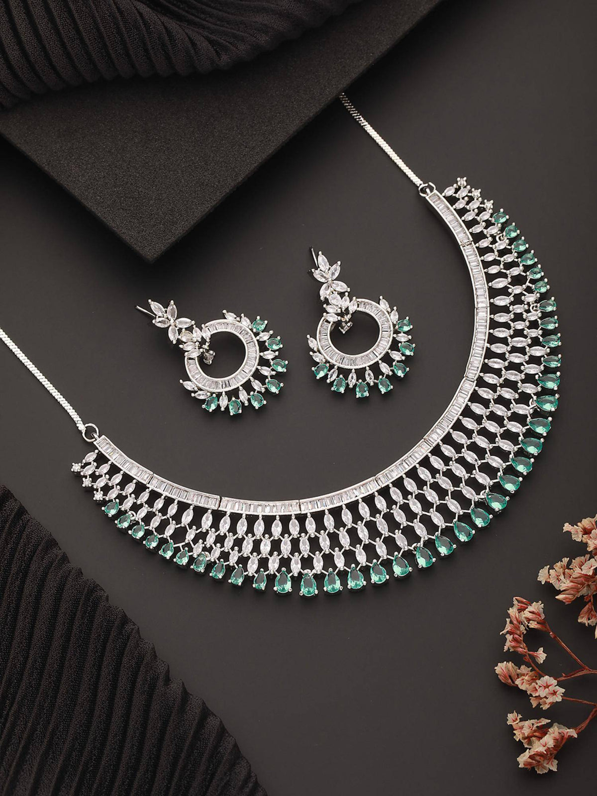 Aatmana Silver Plated Green Ad And Cz-Studded Contemporary Jewellery Set · One Size