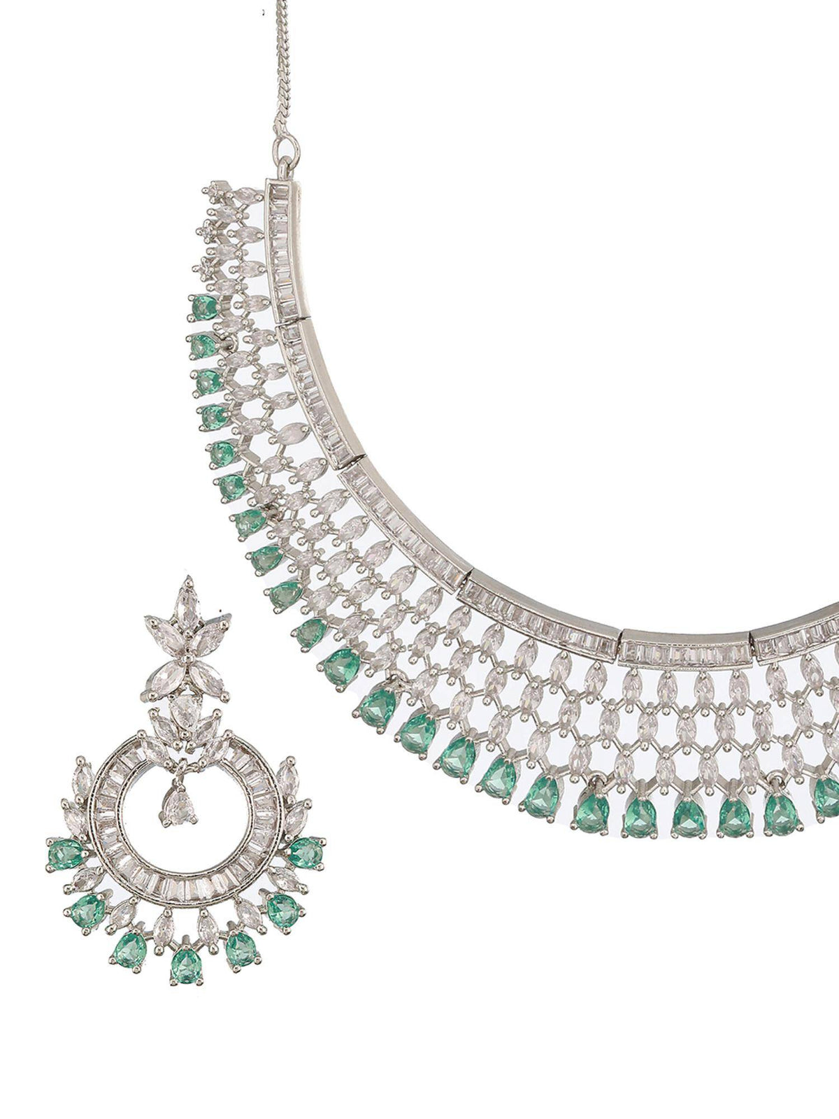 Aatmana Silver Plated Green Ad And Cz-Studded Contemporary Jewellery Set