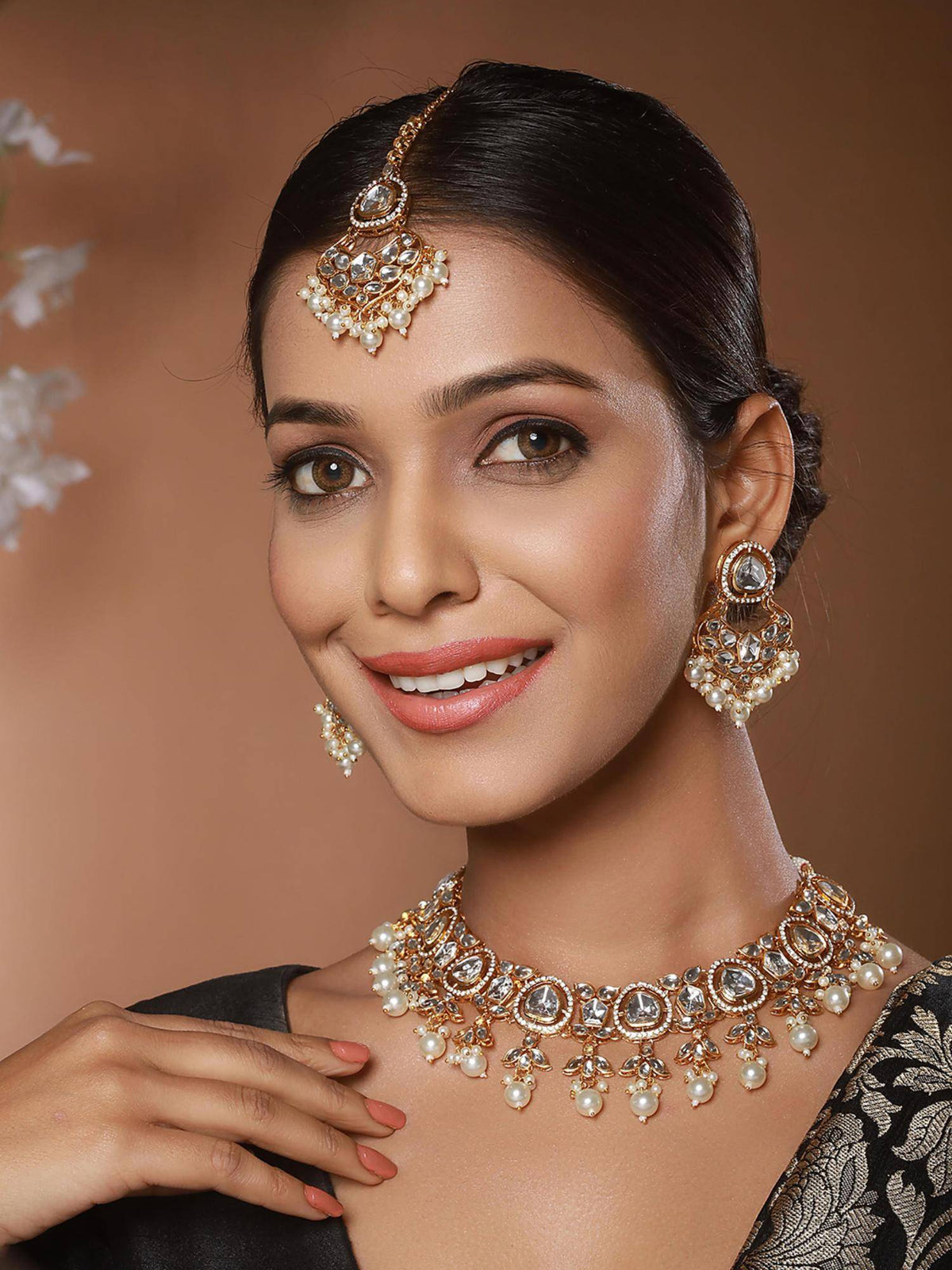 Aatmana Gold-Plated Kundan Studded Beaded Necklace With Earrings And Maang Tika