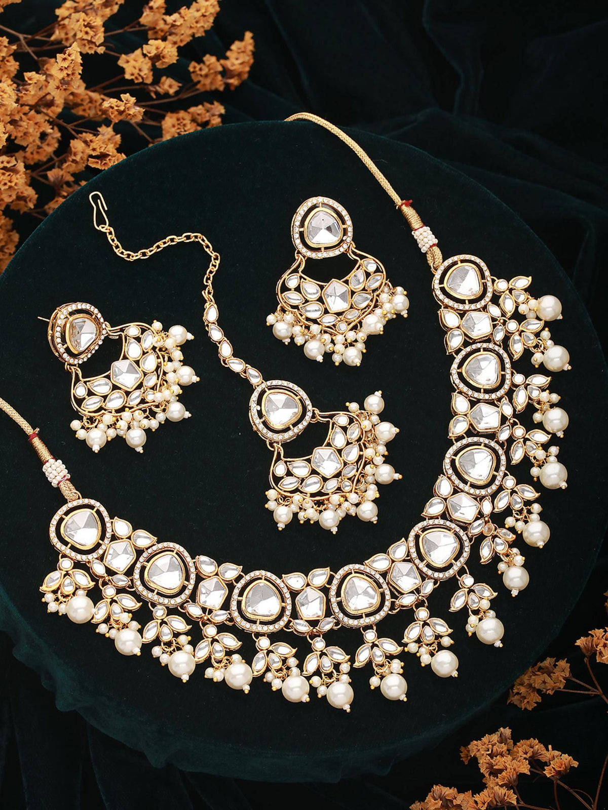 Aatmana Gold-Plated Kundan Studded Beaded Necklace With Earrings And Maang Tika