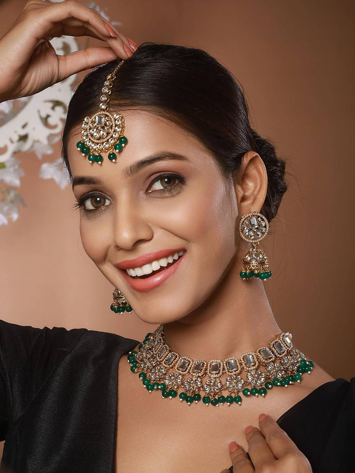 Aatmana Gold-Plated Green And WhiteStudded Beaded Necklace With Earrings And Maang Tika · One Size