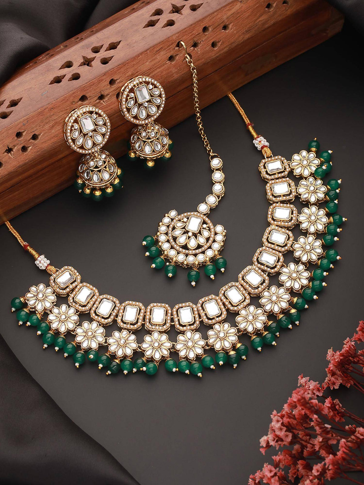 Aatmana Gold-Plated Green And WhiteStudded Beaded Necklace With Earrings And Maang Tika · One Size