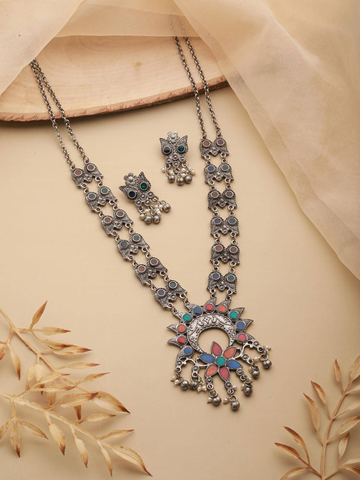 Aatmana Silver-Plated Stone Studded And Beaded Blue And Orange Meenakari Jewellery Set