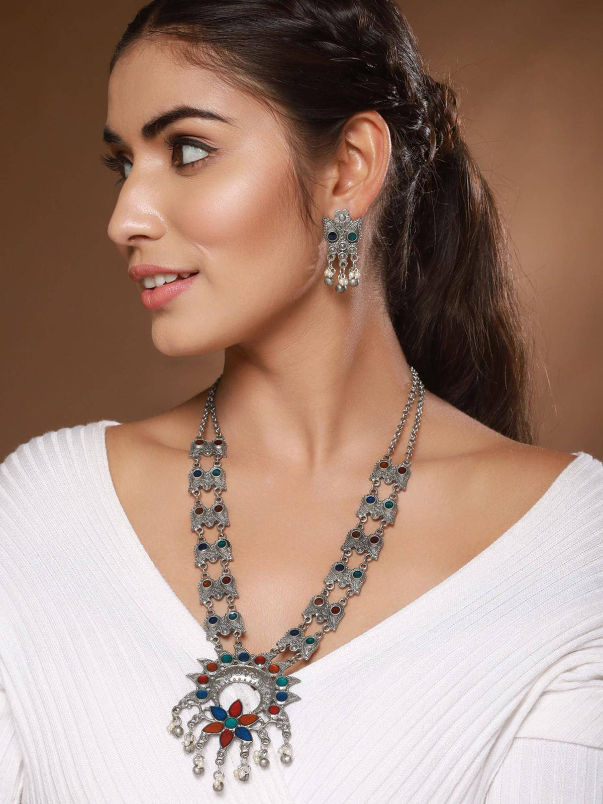 Aatmana Silver-Plated Stone Studded And Beaded Blue And Orange Meenakari Jewellery Set