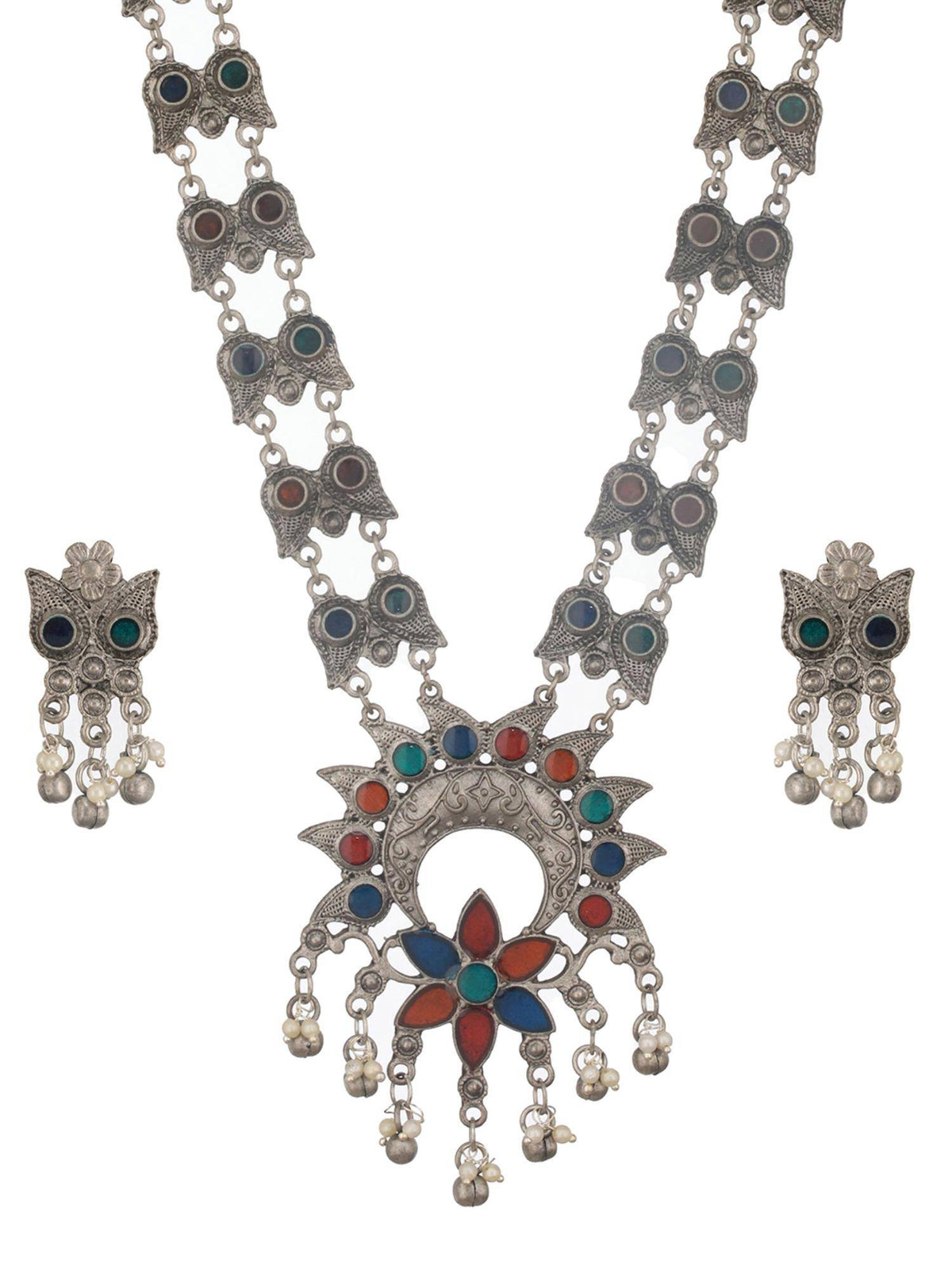 Aatmana Silver-Plated Stone Studded And Beaded Blue And Orange Meenakari Jewellery Set