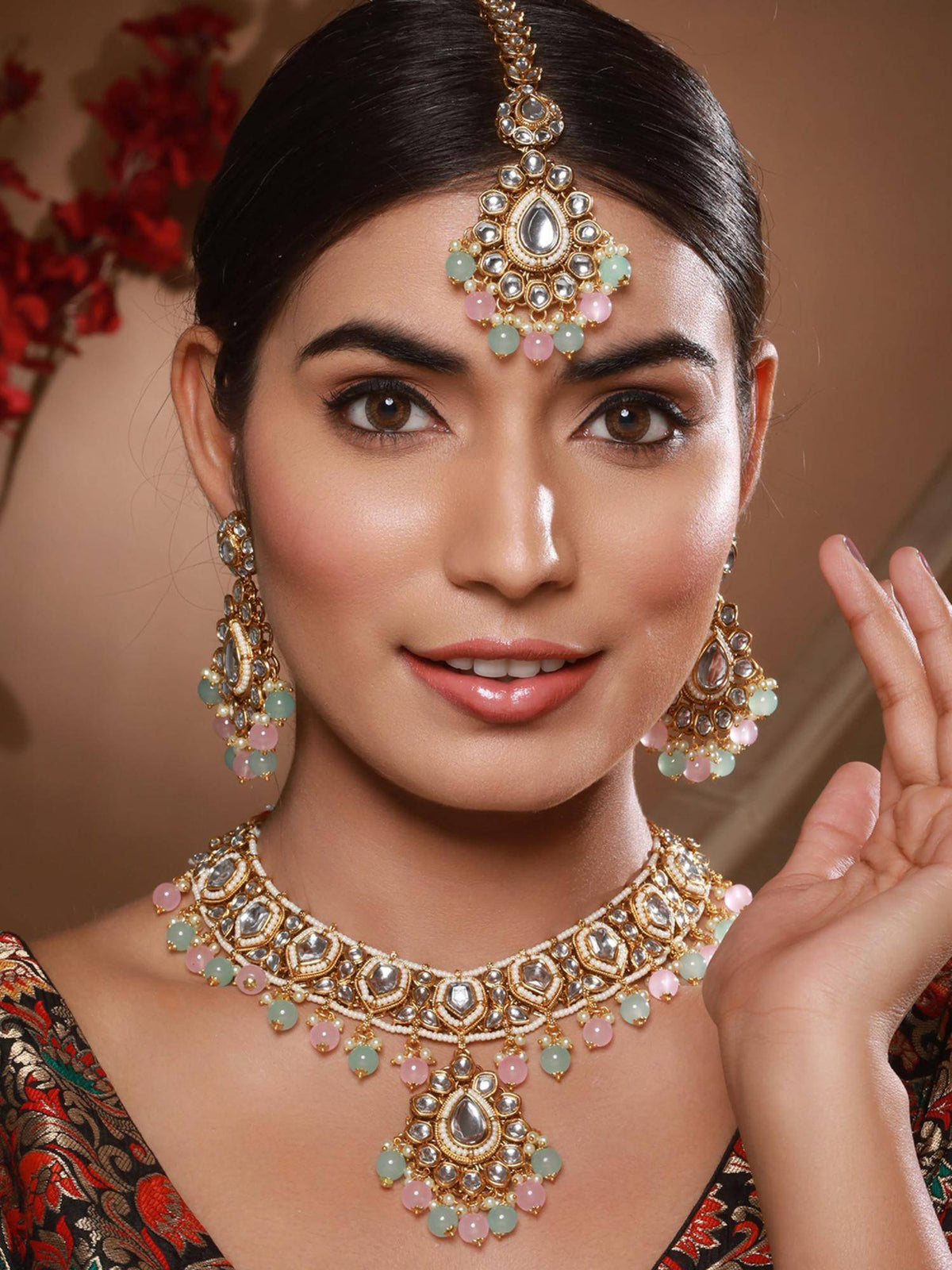 Aatmana Gold-Plated Lime-Green And Pink Kundan-Studded Choker Handcrafted Jewellery Set