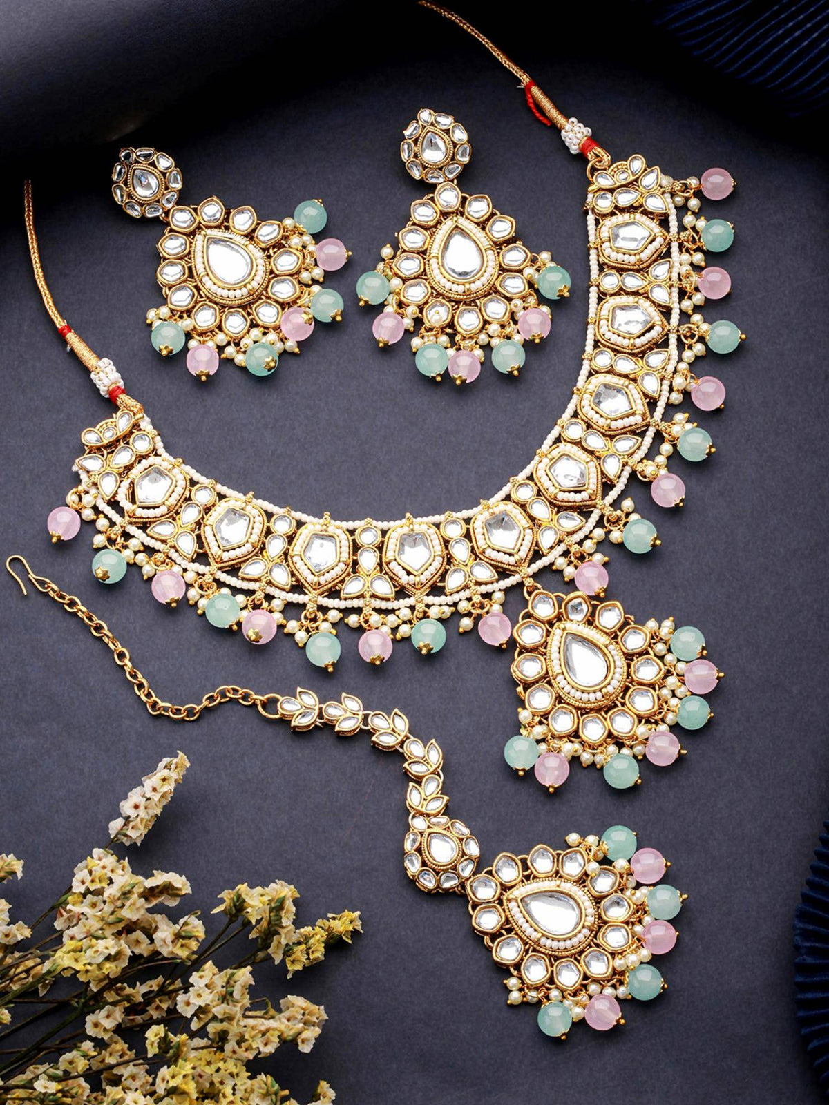 Aatmana Gold-Plated Lime-Green And Pink Kundan-Studded Choker Handcrafted Jewellery Set