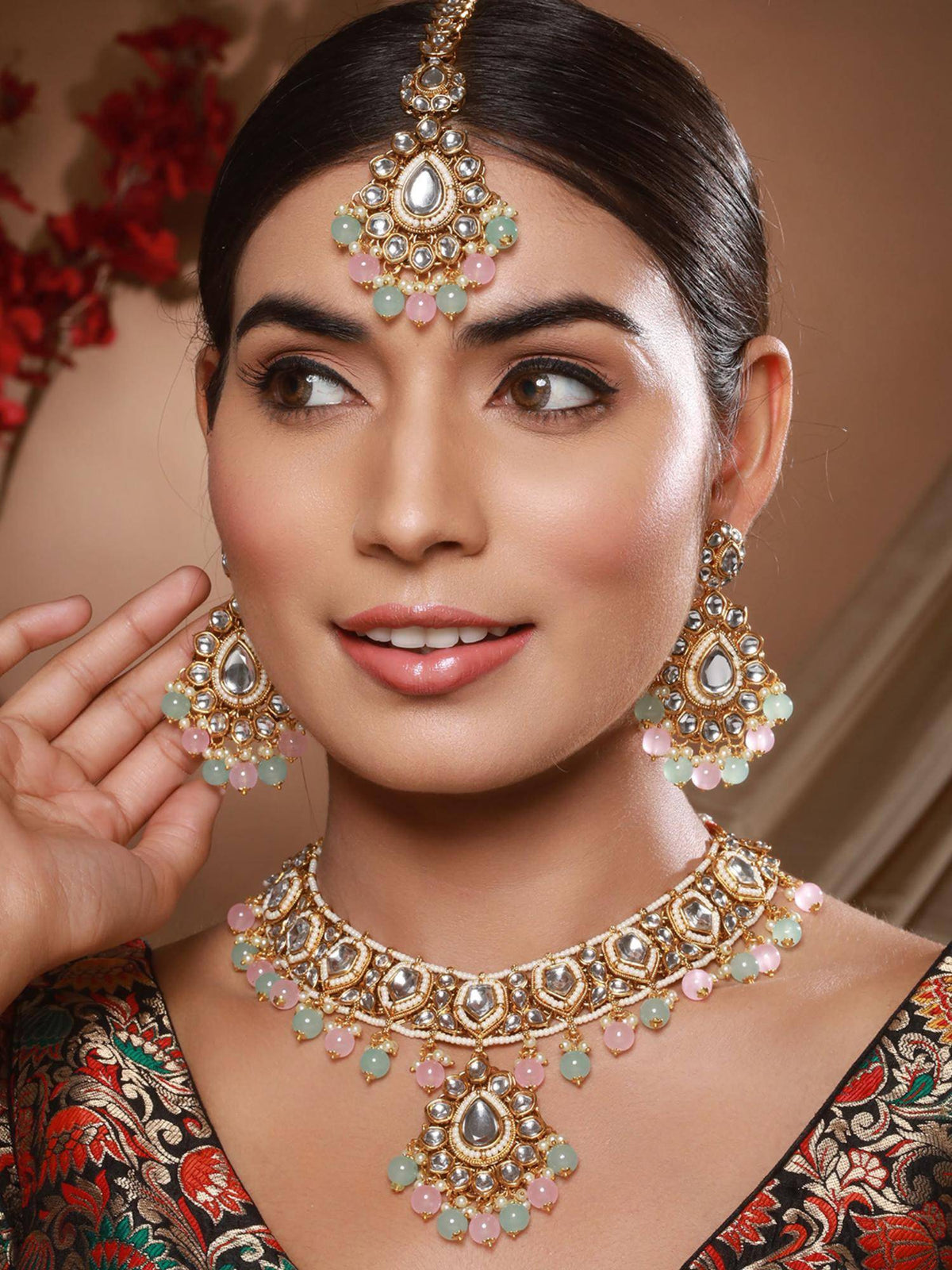 Aatmana Gold-Plated Lime-Green And Pink Kundan-Studded Choker Handcrafted Jewellery Set