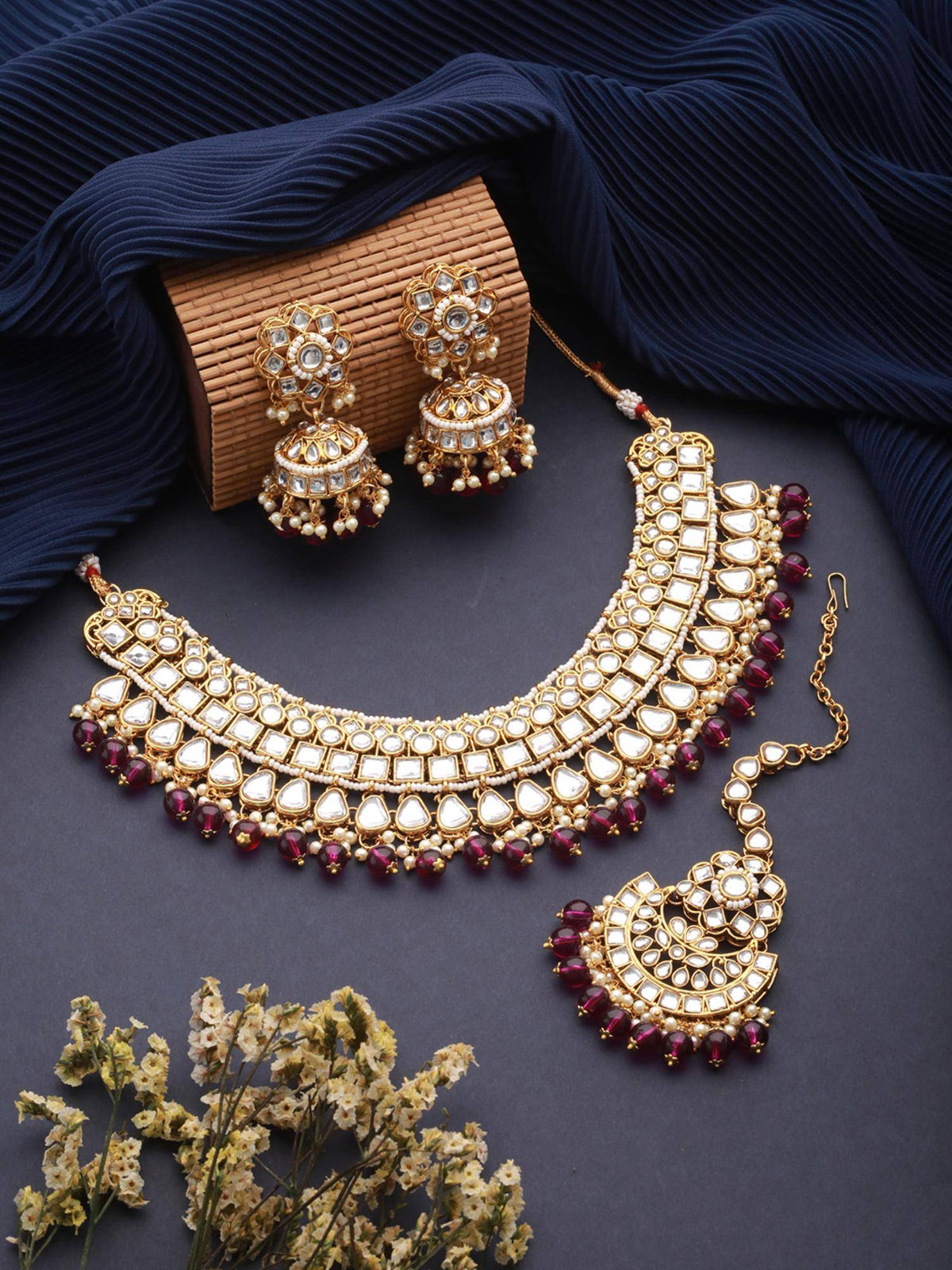 Aatmana Gold-Plated And Wine Kundan Studded Jewellery Set