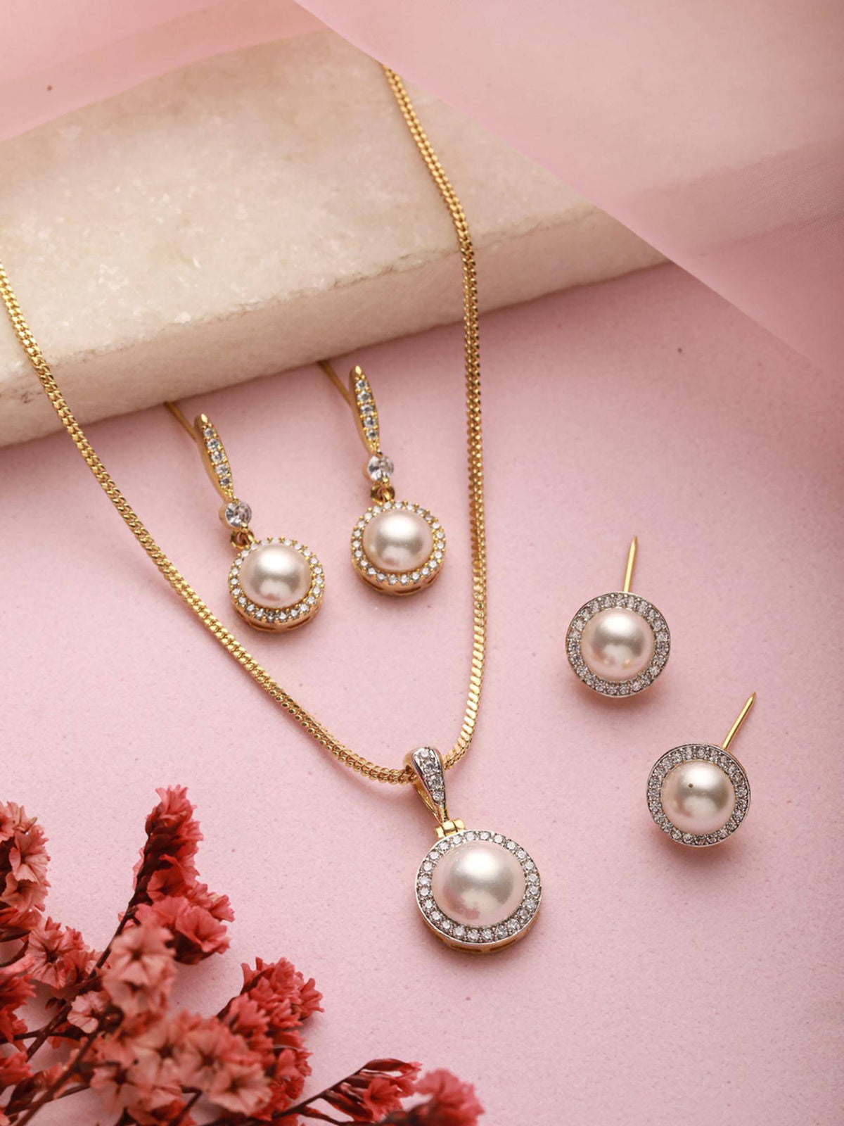 Aatmana Gold-Plated White Pearl And Ad Studded Chain Pendent With 2 Pair of Earring Set