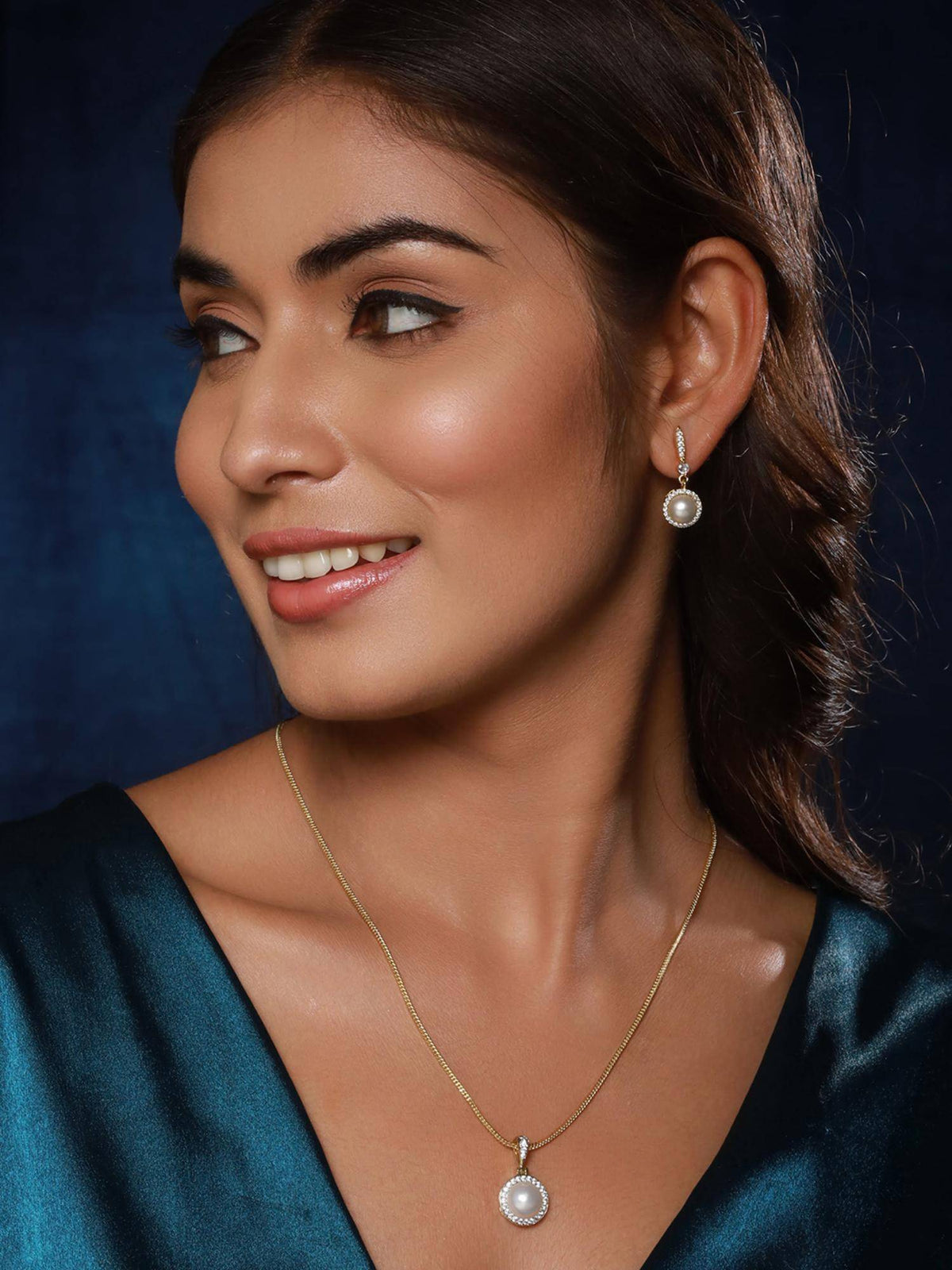 Aatmana Gold-Plated White Pearl And Ad Studded Chain Pendent With 2 Pair of Earring Set