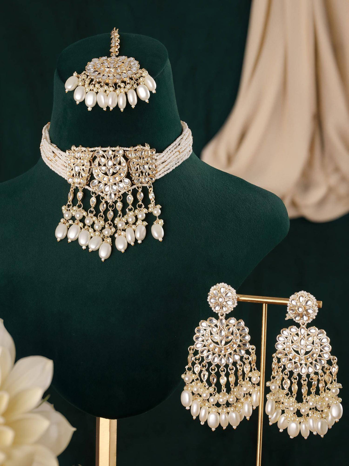 Aatmana Gold-Plated Kundan-Studded And Artificial Pearl Beaded Jewellery Set